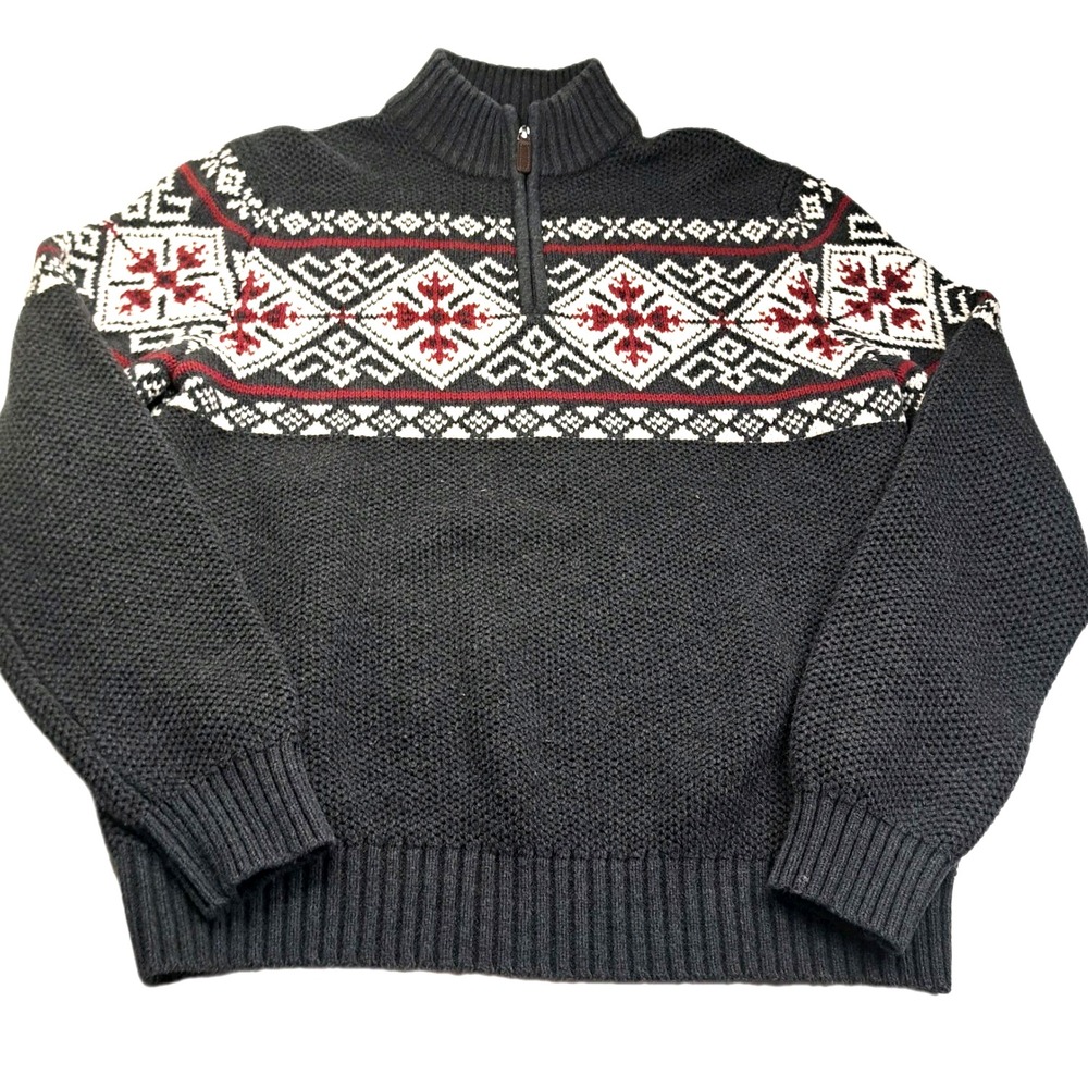 IZOD Fair Isle 1/4 Zip Sweater Mens L Gray Mock Neck Preppy Winter